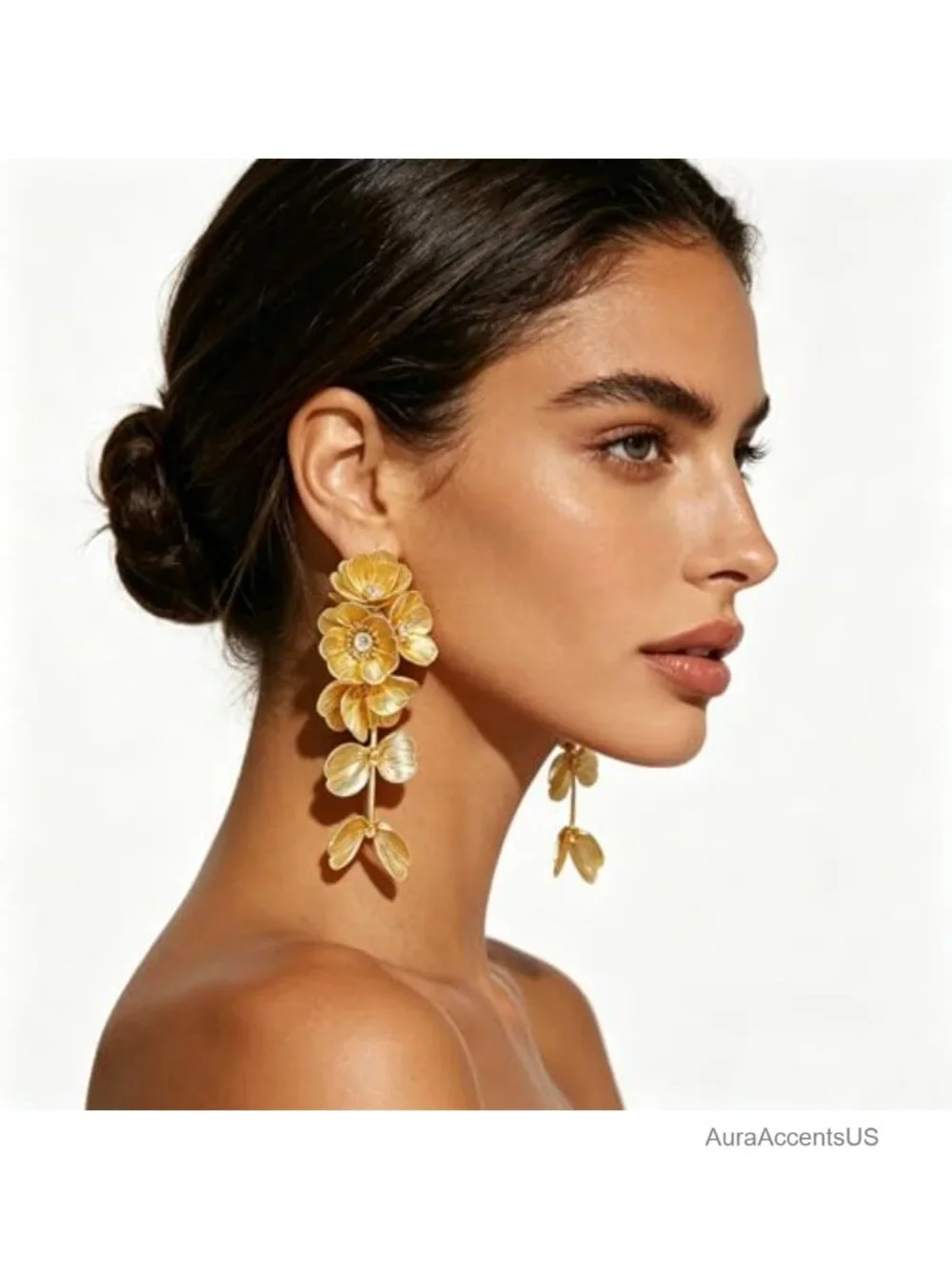 Large Gold Flower Statement Earrings Women Hollow Filigree Floral Dangle Long